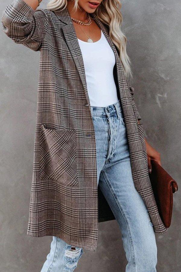 Mid-length Wide Collar Plaid Pocket Blazer