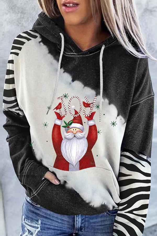 Santa Claus Print Color Block Hoodie  （Black）