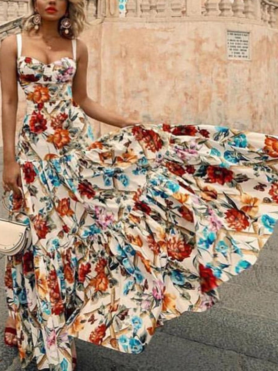 Sleeveless Sling Flower Print Maxi Dress