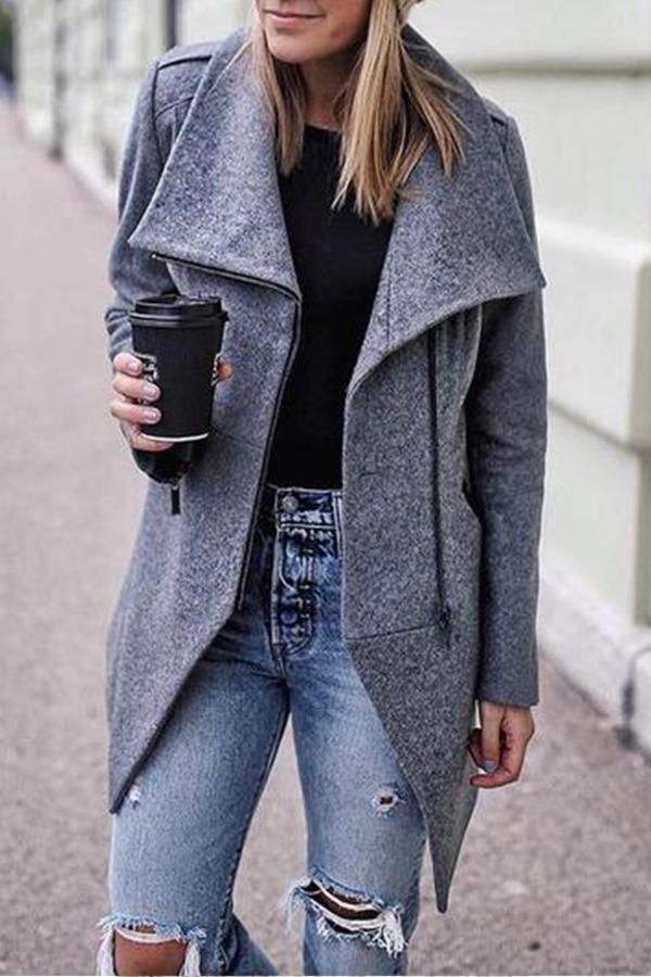 Lapel Neck Zipper Long Sleeve Woolen Coat