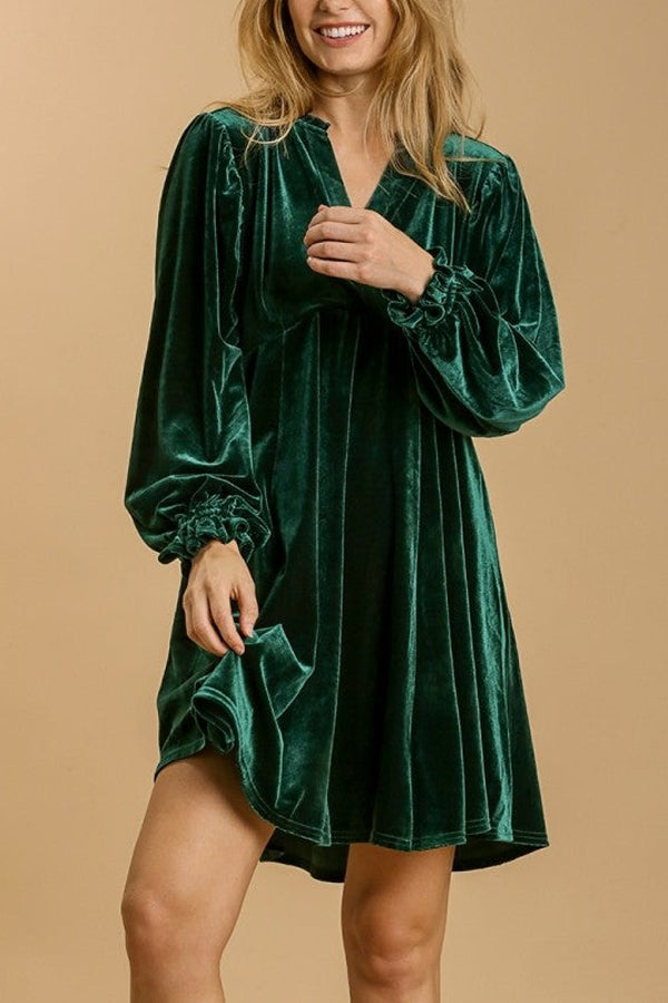 Umgee Velvet Dress with Puff Sleeves and Split Neckline in  Velvet