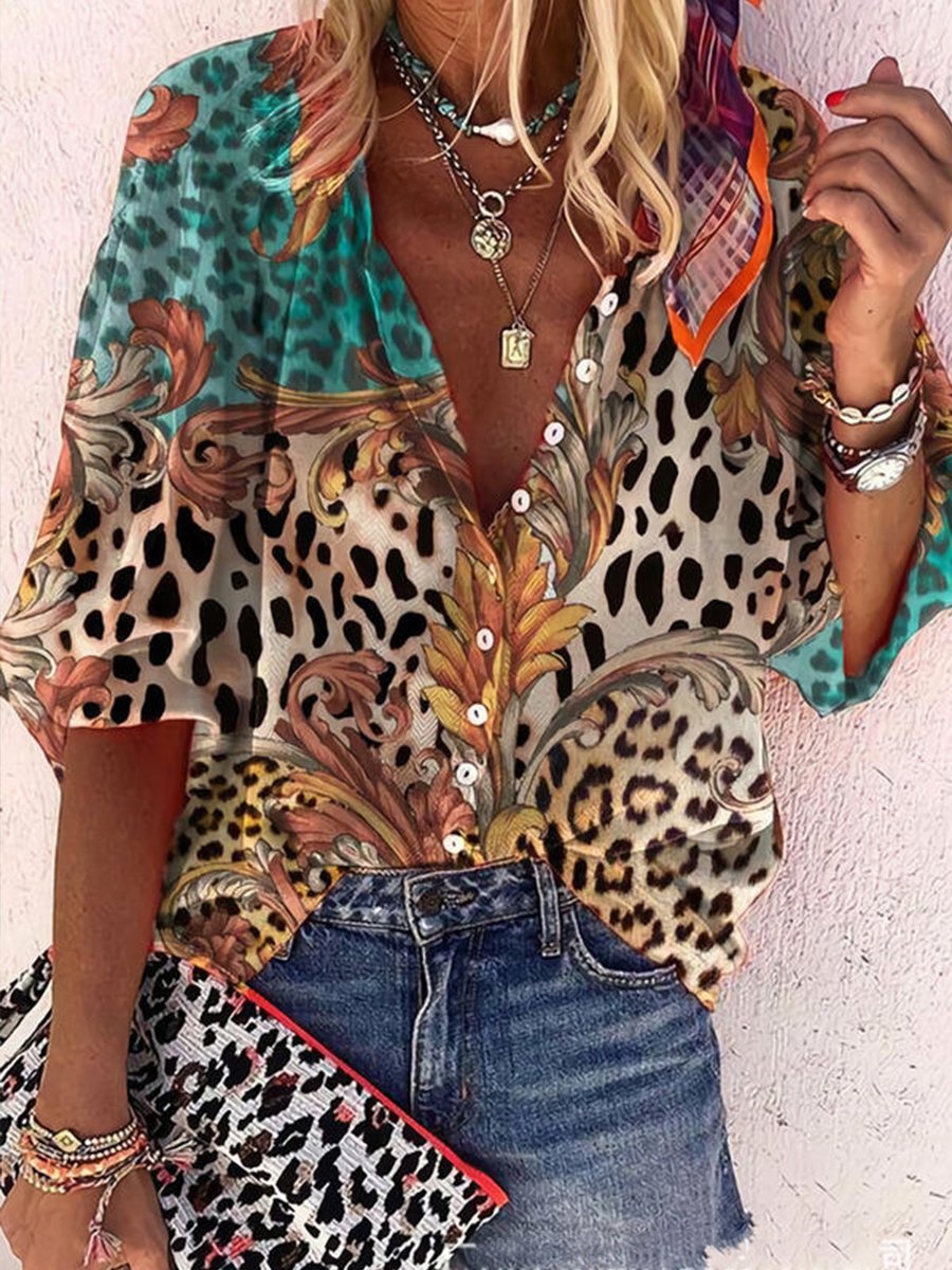 Leopard Print V-Neck 3/4 Sleeves Button Up Casual Shirt Blouse