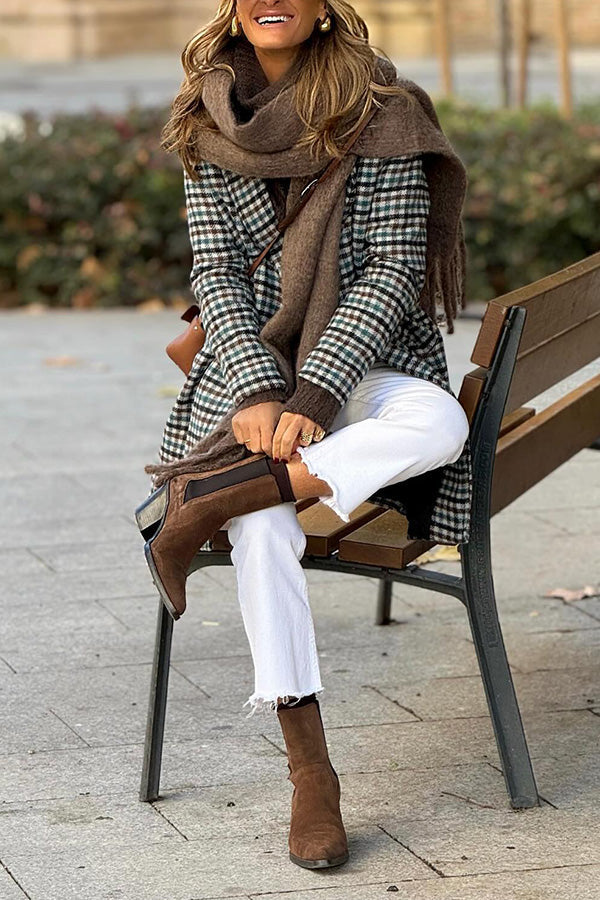 Plaid loose one-button autumn and winter lapel coat