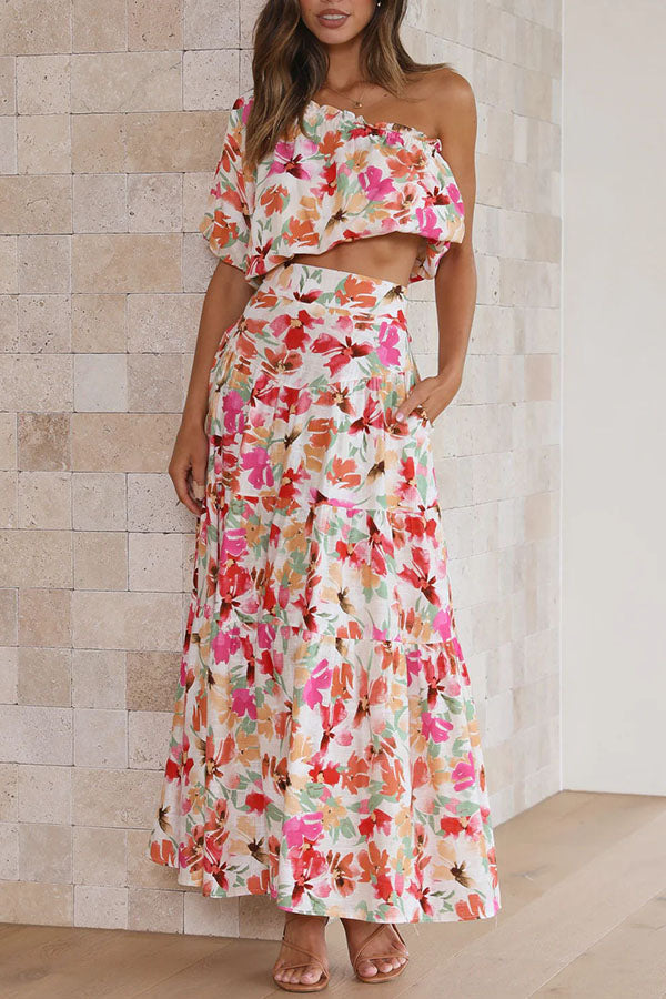 Sunny Spritzer Floral Pocketed One Shoulder Midi Skirt Set