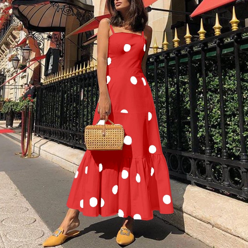 Hot Sale New Polka Dot Sling Fashion One-Line Neck Long Dress