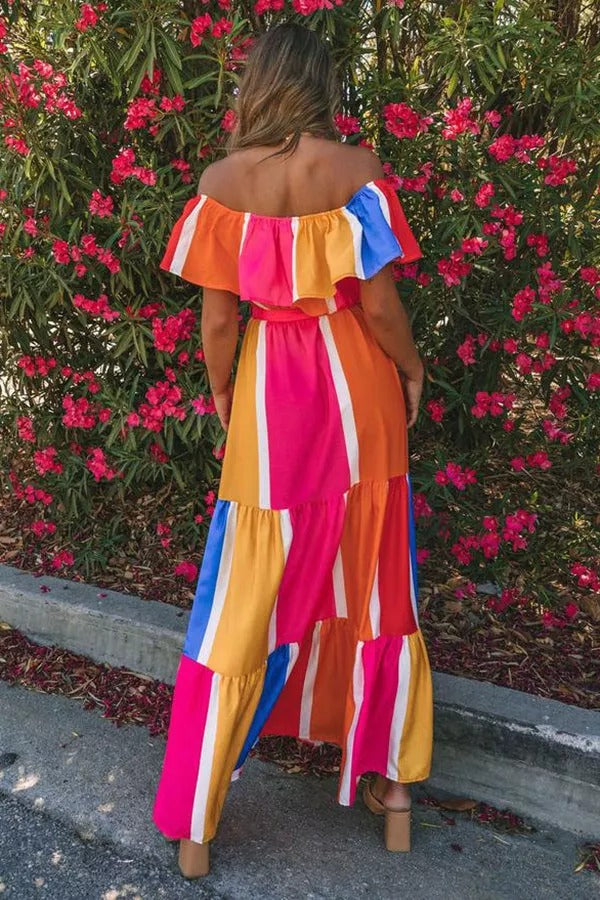 Sunkissed Rainbow Colorblock Off Shoulder Maxi Dress