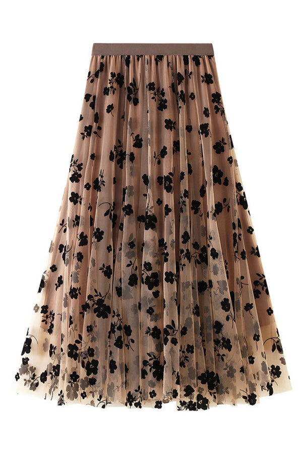 Jaclyn Flower Velvet Print Tulle Elastic Waist Midi Skirt