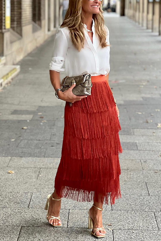 Fancy Rodeo Tiered Fringe High Waist Midi Skirt