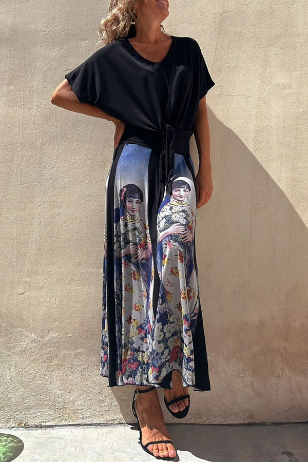 Fall In Love with Kyoto Geisha Printed Elastic Waist Stretch Maxi Skirt