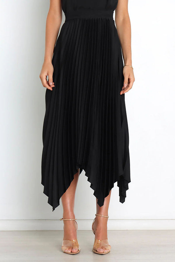 Yris Satin Pleated Elastic Waist Asymmetrical Hemline Midi Skirt