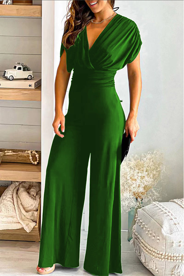 V-neck solid slim fit Waist Wide Leg Jumpsuit