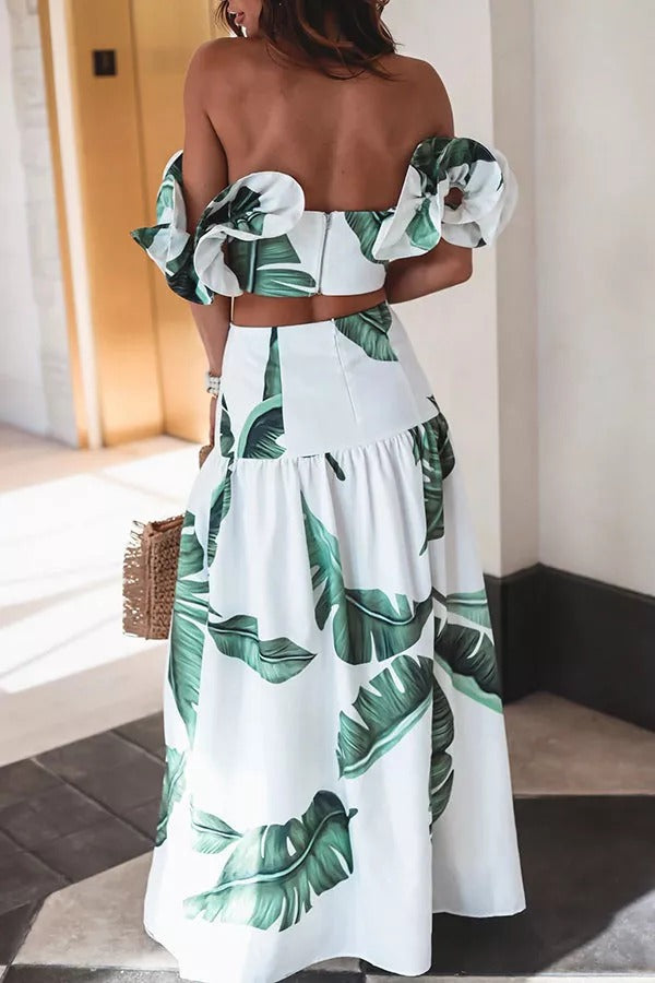 The Alessia Palm Ruffle Crop Top Maxi Skirt Suits