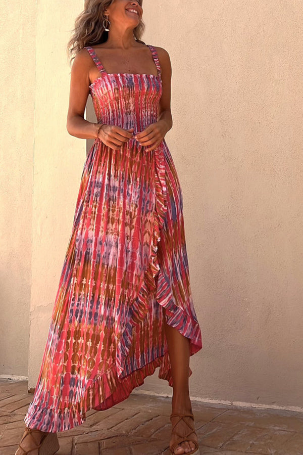 Liliana Tie-dye Print Smocked Ruffle Slit Maxi Dress