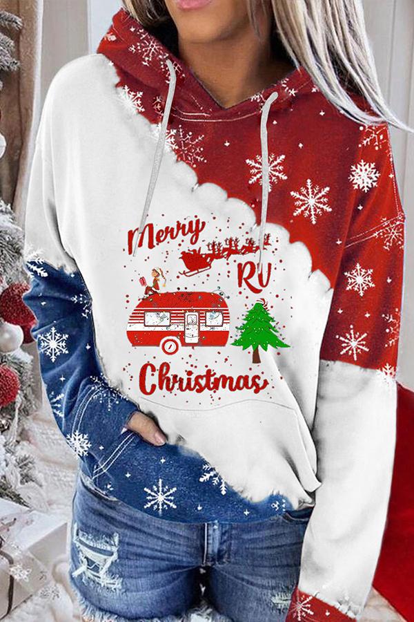 Santa Claus Print Color Block Hoodie  （Red and blue）