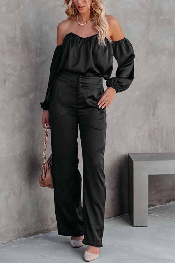 Adele Satin Off Shoulder Blouse & Wide Leg Pants Suit