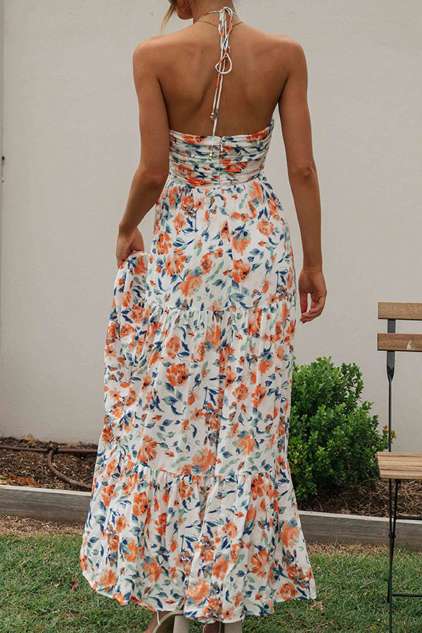 Floral V-Neck Backless Maxi Dress