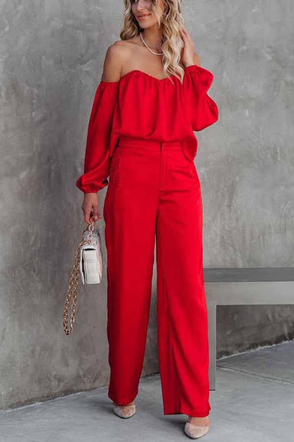 Adele Satin Off Shoulder Blouse & Wide Leg Pants Suit