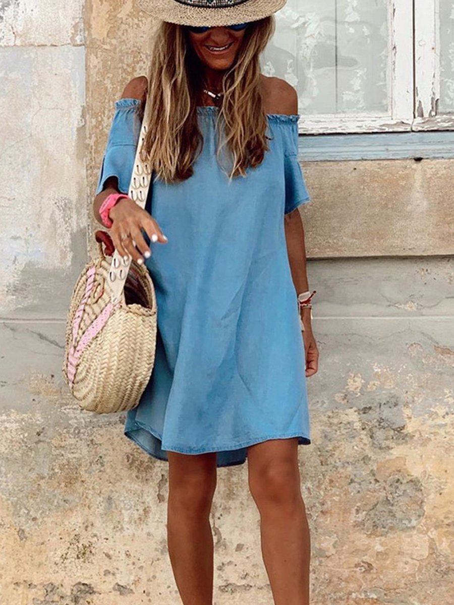 Off Shoulder Ruffle Sleeve Denim Dress