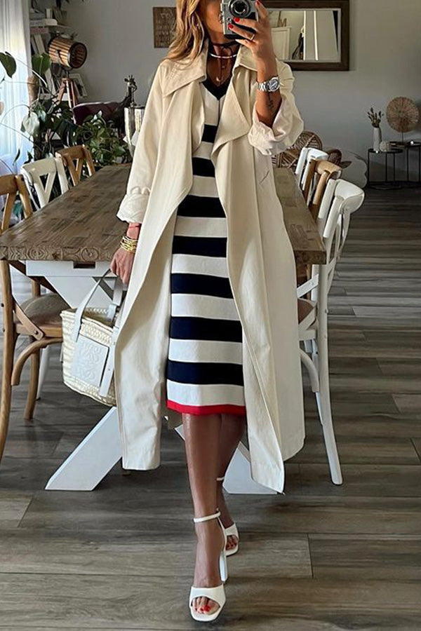 Striped V-Neck Hem Slit Casual Loose Dress