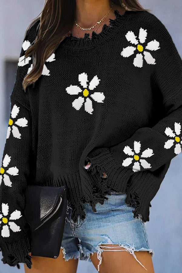 Long Sleeve Floral Knitted Sweater