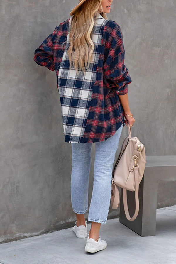 Autumn and Winter Color-block Plaid Hem Wool Long-sleeved Shirt