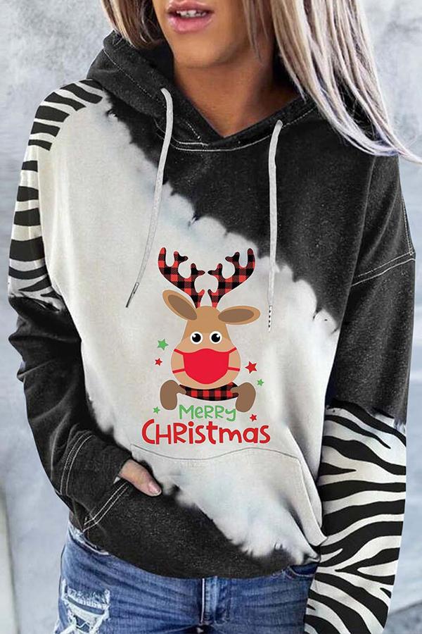 Santa Claus Print Color Block Hoodie  （Black）