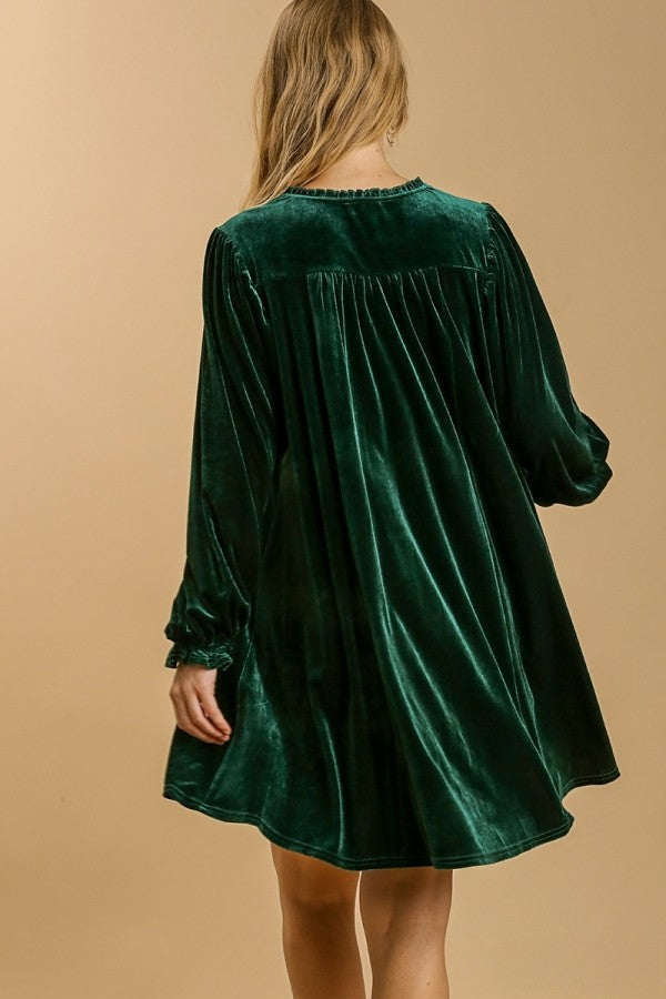 Umgee Velvet Dress with Puff Sleeves and Split Neckline in  Velvet