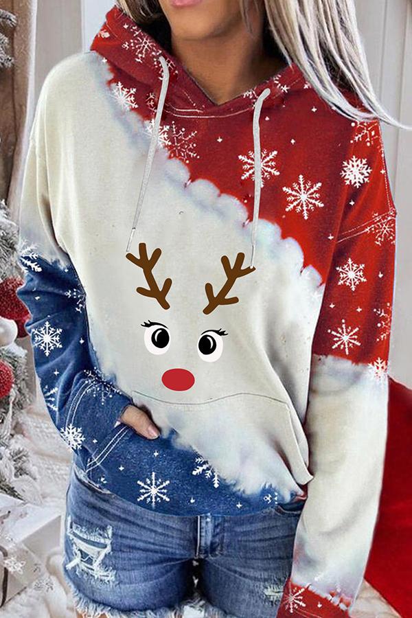 Santa Claus Print Color Block Hoodie  （Red and blue）