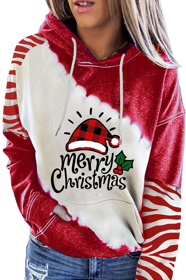 Santa Claus Print Color Block Hoodie  （Red）