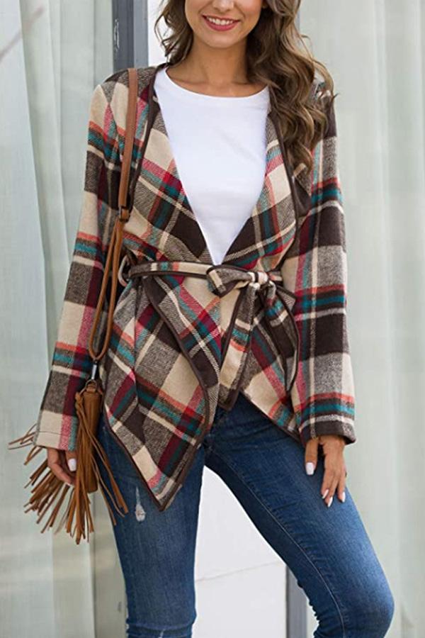 Long Sleeves Plaid Blend Coats