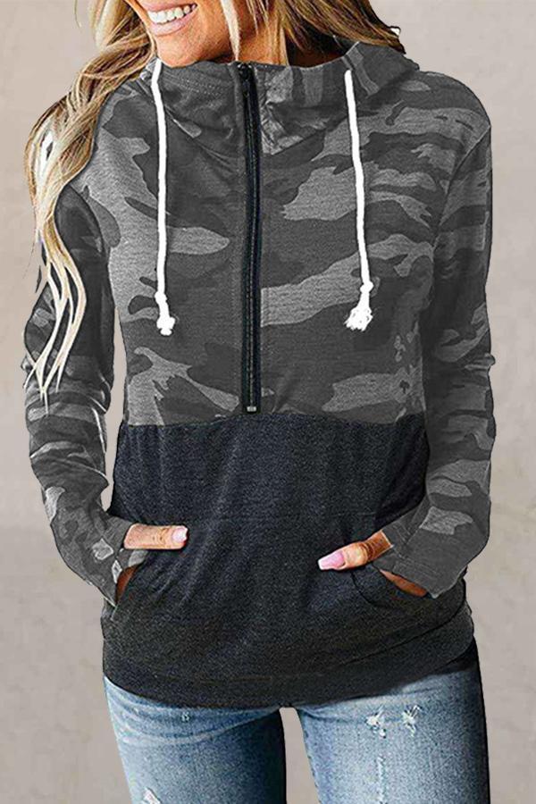 Patchwork Mandarin Collar Hooded Sweatshirt