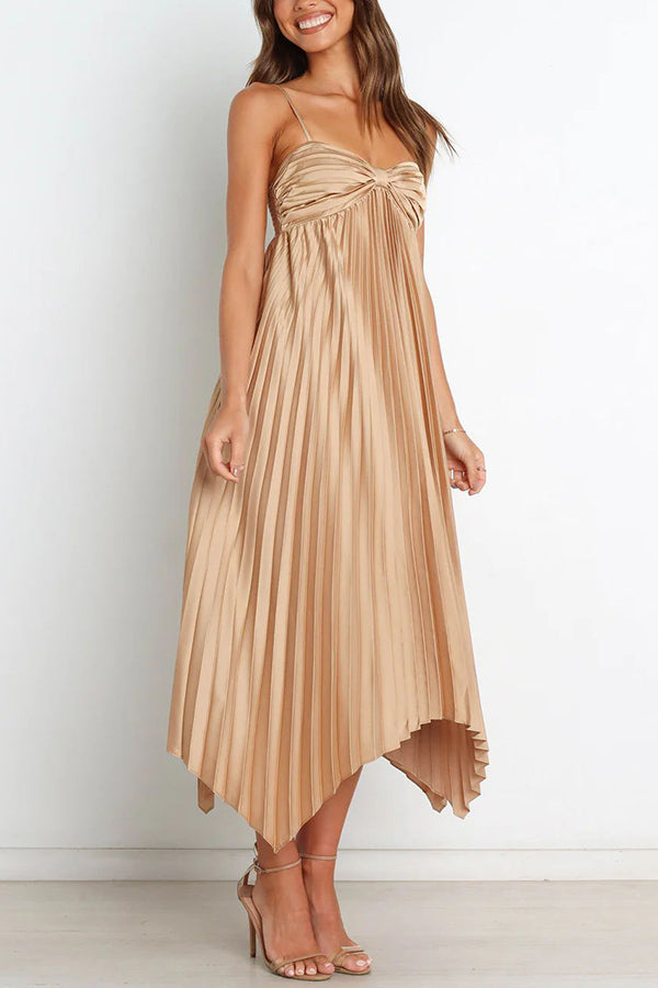 Kali Metallic Satin Asymmetrical Hemline Pleated A-line Midi Dress