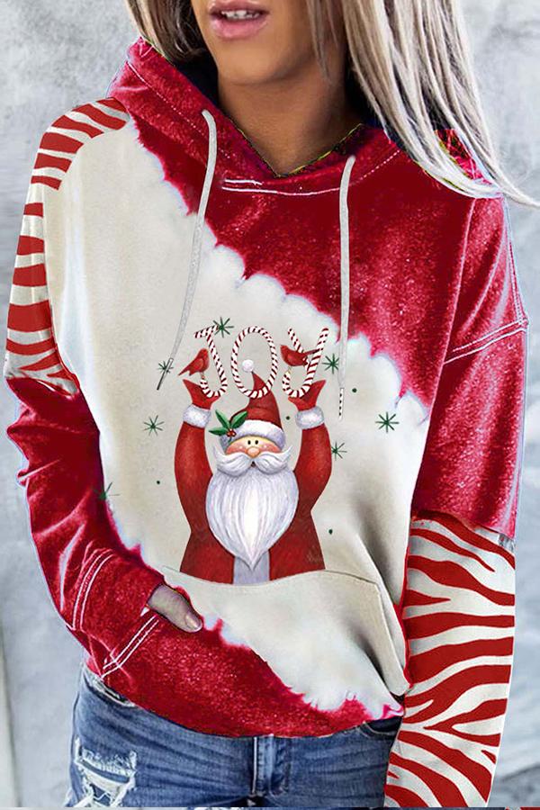 Santa Claus Print Color Block Hoodie  （Red）