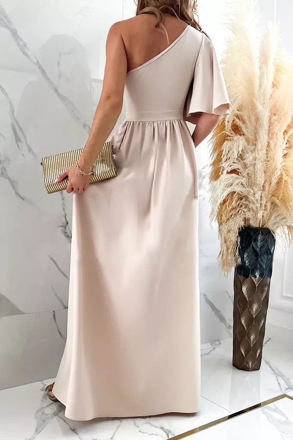 A Point In Time One Shoulder Ruffle Slit Maxi Dress