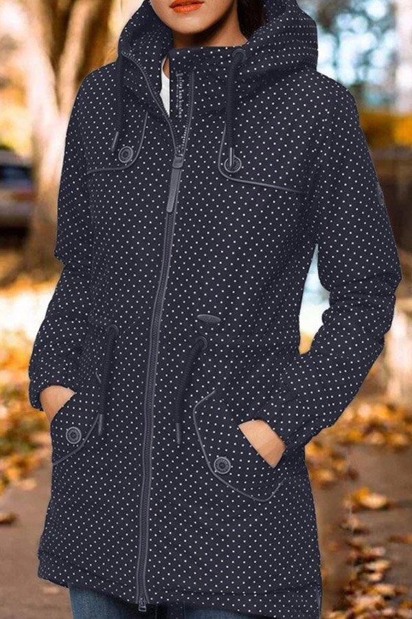 Drawstring Polka Dot Hooded Printed Coat