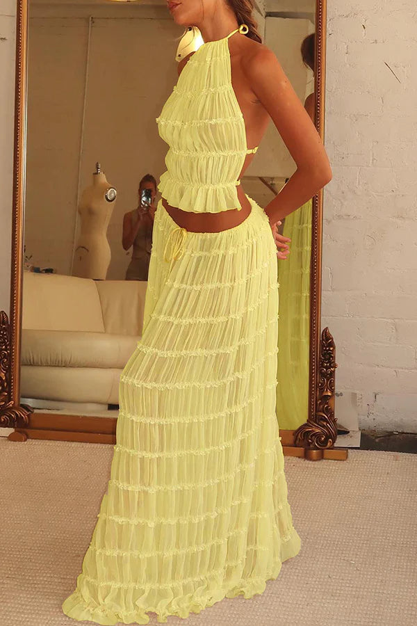 Versatility and Vintage Charm Pleated Drawstring Waist Tiered Maxi Skirt