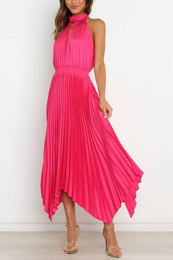 Luxe Look Satin Pleated Halter Elastic Waist Midi Dress