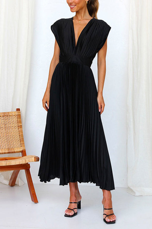 Deep V Neck Waisted Maxi Pleated Swing Dress