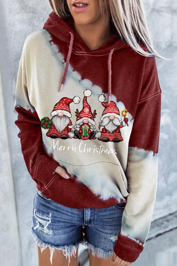 Santa Claus Print Color Block Hoodie  （Red）