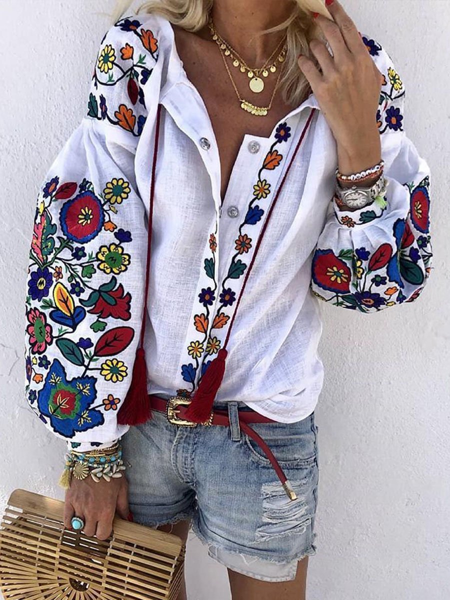 Women's Shirts Floral Embroidery Long Sleeve V Neck Daily Boho Shirt