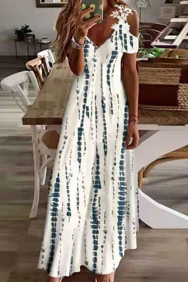 Viana Contrast Lace Printed Cold Sleeve Straight Maxi Dress