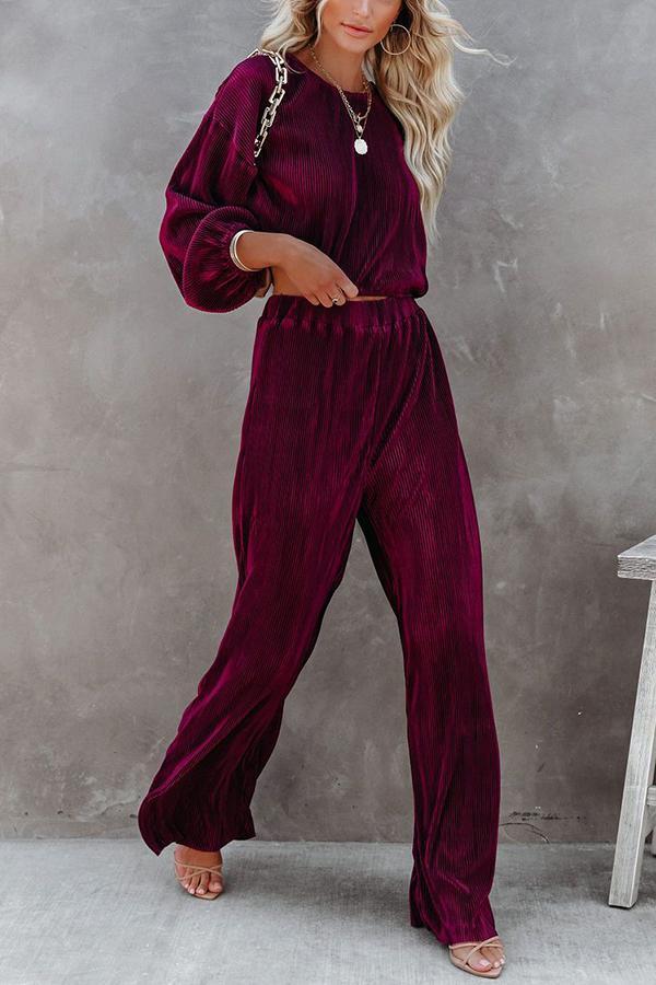 High Rise Plisse Wide Leg Pants Suit