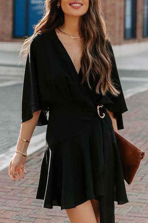 V-neck Ruffle Irregular Lace-up Dress