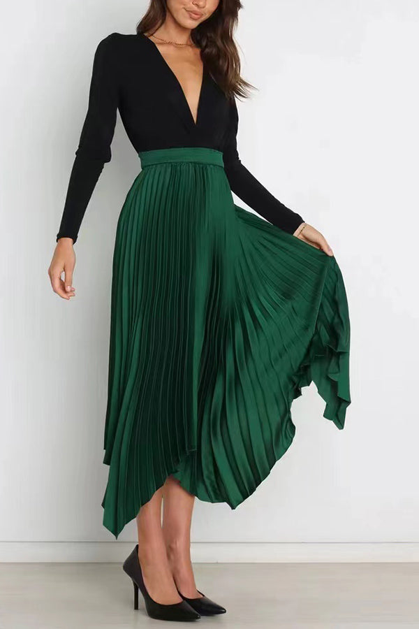 Yris Satin Pleated Elastic Waist Asymmetrical Hemline Midi Skirt