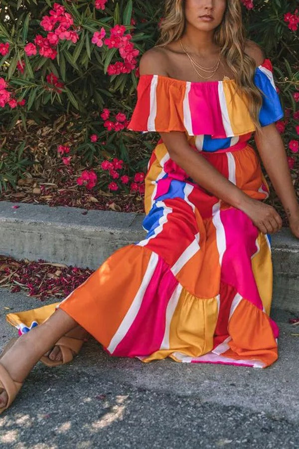 Sunkissed Rainbow Colorblock Off Shoulder Maxi Dress