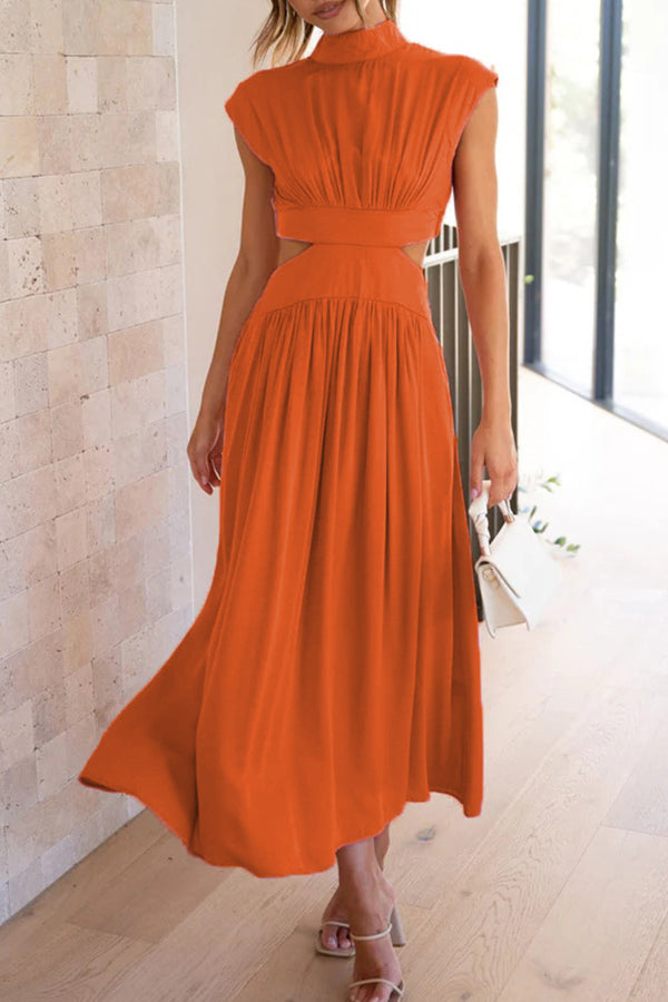 Solid Mockneck Cut Out Maxi A-line Swing Dress