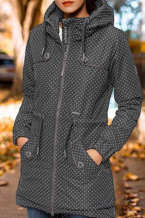 Drawstring Polka Dot Hooded Printed Coat