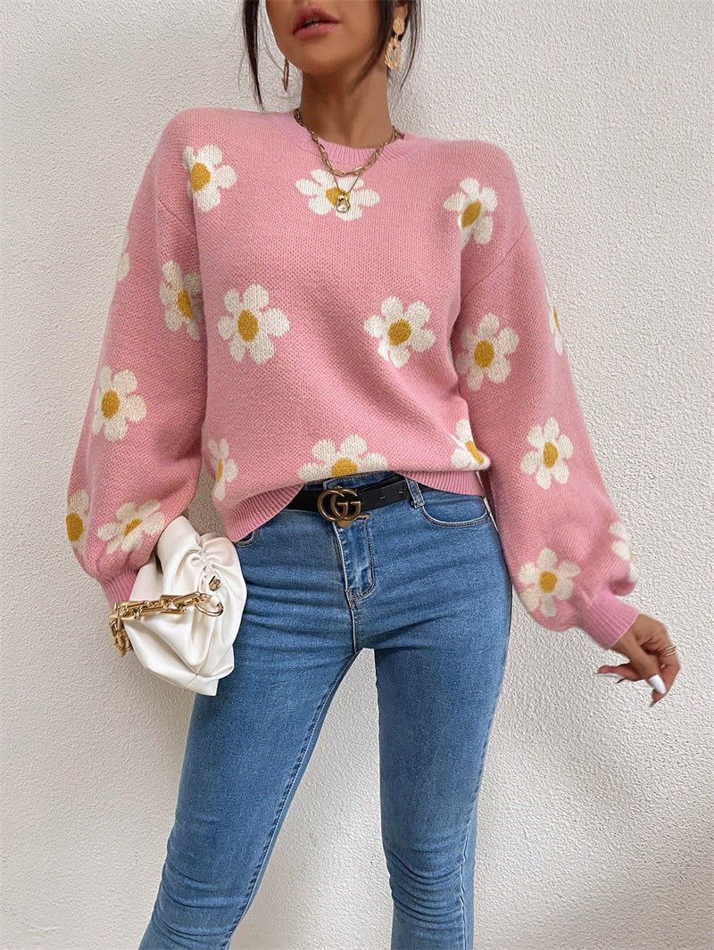 Floral Round Neck Jacquard Knitted Sweater Women's Top