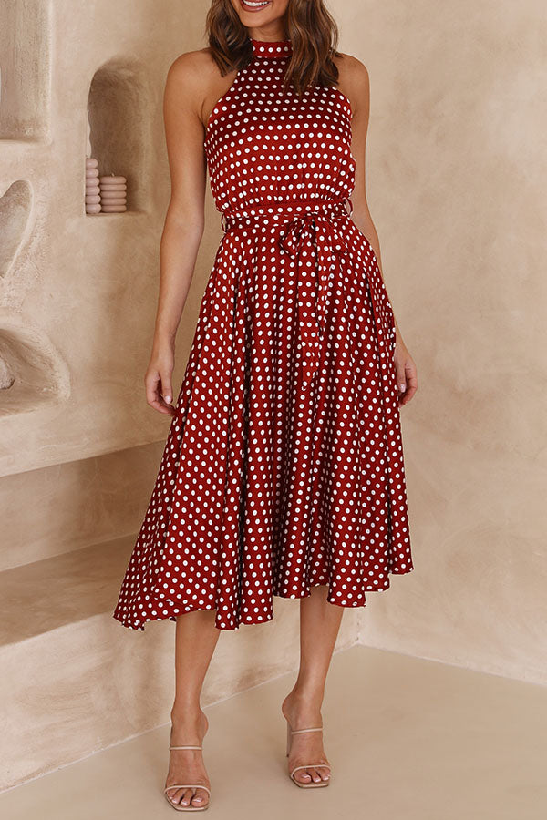 Halter Neck Polka Dot Slim A-Line Long Dress