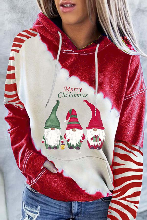 Santa Claus Print Color Block Hoodie  （Red）